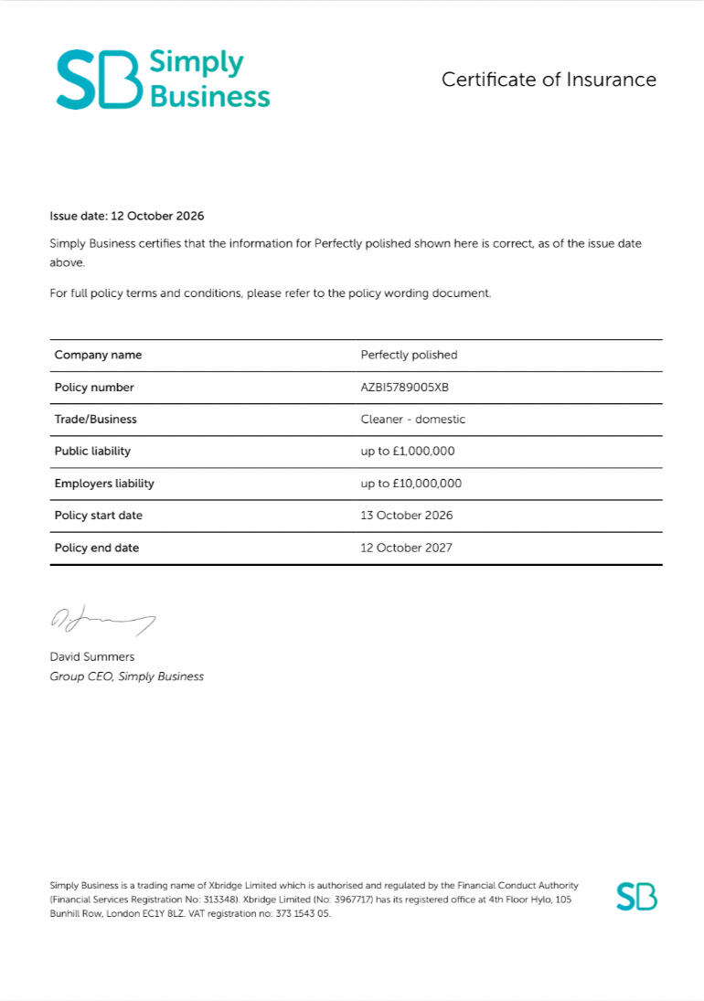 Perfectly Polished Insurance Certificate Perfectly Polished insurance certificate showing £1 million public liability cover, valid until 12 October 2027.